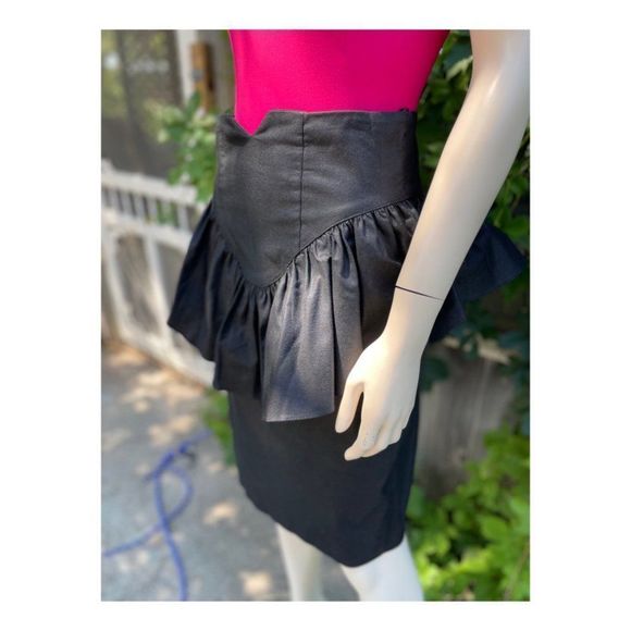 Vintage 80s Black Peplum Pencil Skirt 100% Cotton Sz 9 - Picture 5 of 12